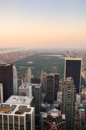 New York City Central Park aerial view panorama with Manhattan skyline and skyscrapers at dusk